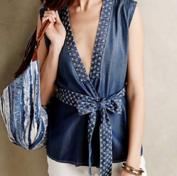 Anthropologie Holding Horses Chambray Wrap Top - Picture 1 of 7